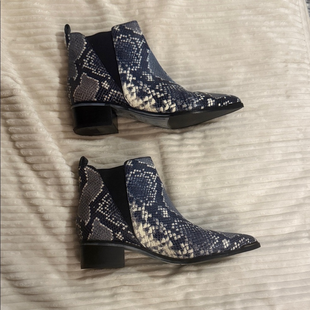 Marc Fisher Blue and Black Snake Print Ankle Boots